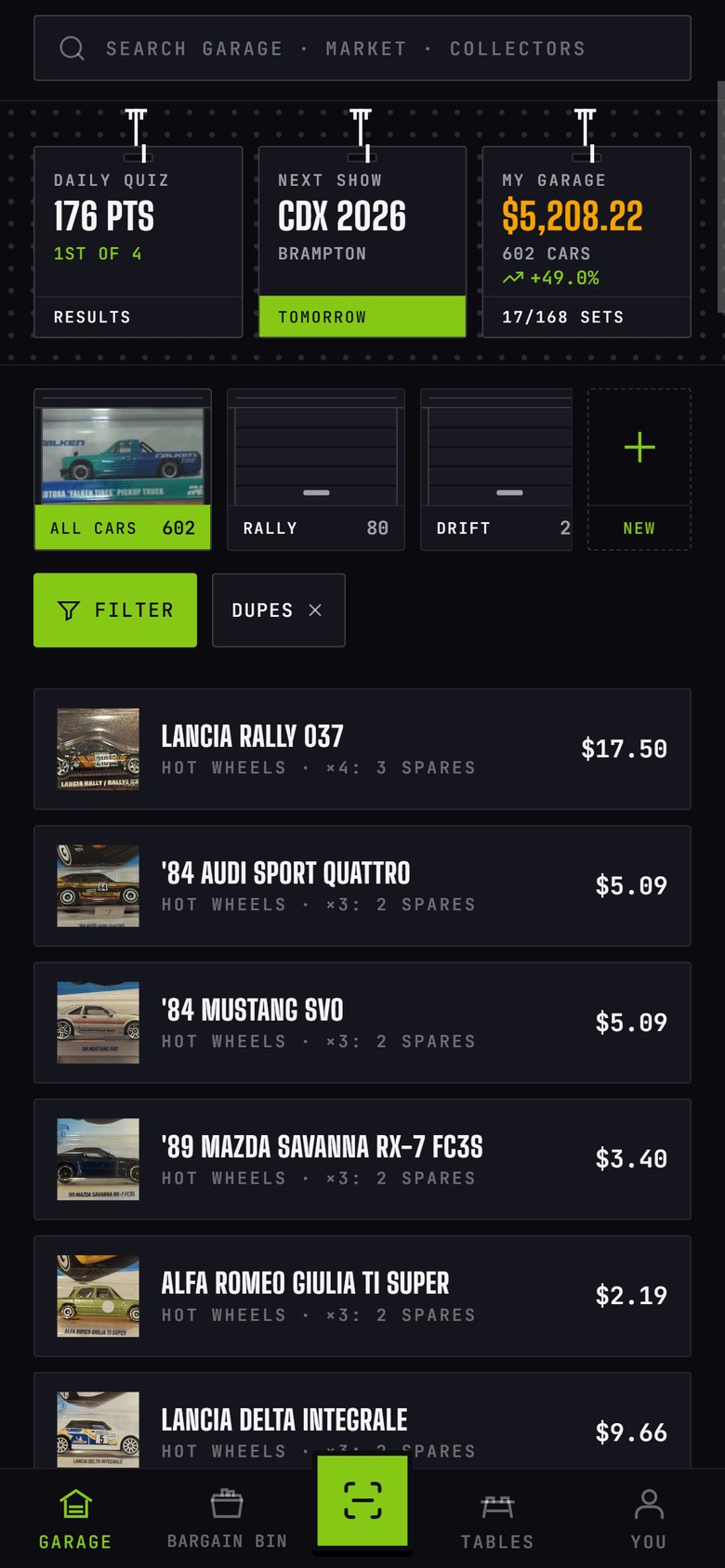 The garage filtered to duplicates: a Lancia Rally 037 owned four times, three of them spares
