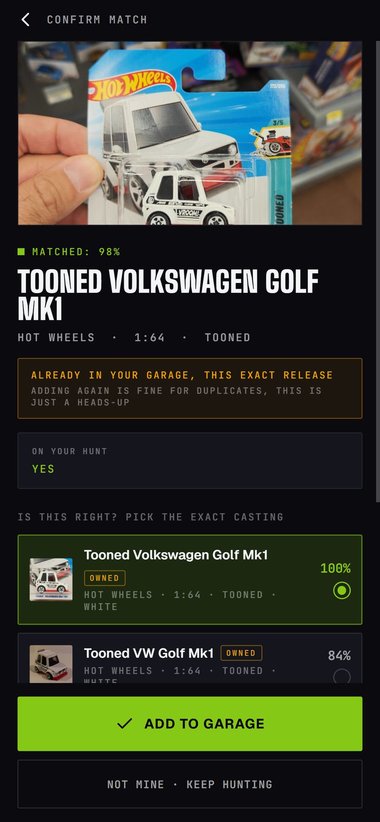 A scan result: matched at 98 percent as the Hot Wheels Tooned Volkswagen Golf Mk1, with a warning that this exact release is already in your garage